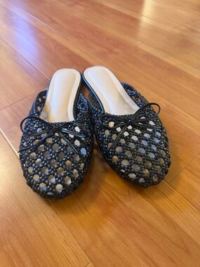 Black Woven Slip-On Mules - Women’s Flats
